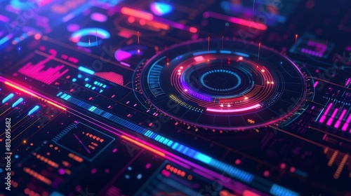 Futuristic technology background. Glowing neon lights on a dark background. Abstract digital landscape.
