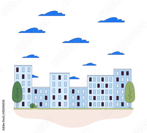 Cityscape with multistory apartment buildings line cartoon flat illustration. Dwelling block of town 2D lineart objects isolated on white background. Urban area scene vector color image