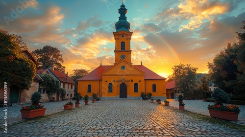 Sunset Behind the Carmelite Church in Gyor, Hungary, Featuring a Vibrant Rainbow