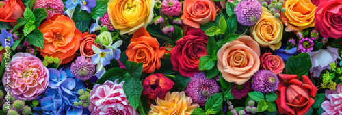 A close-up view of a variety of vibrant and colorful flowers in full bloom