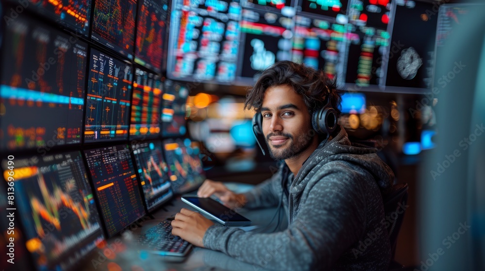 Young Indian Man Monitoring Data on Multiple Screens in a High-Tech Workspace Young Indian Man Monitoring Data on Multiple Screens in a High-Tech Workspace