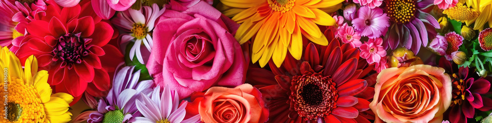 Obraz premium A close view of vibrant, multi-colored flowers in a bunch, showcasing their intricate petals and varying hues