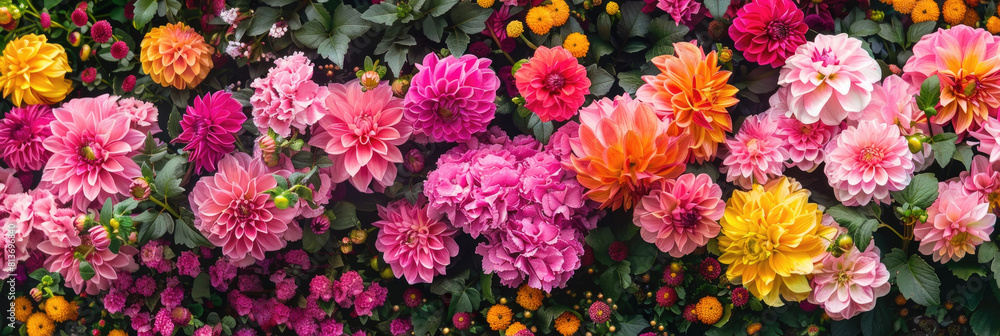 Wall covered in a variety of brightly colored flowers, creating a beautiful display of nature in a garden setting Wall covered in a variety of brightly colored flowers, creating a beautiful display of nature in a garden setting