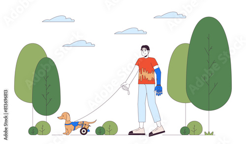 Disabled pet owner line cartoon flat illustration. Asian man with prosthetic arm walking wheelchaired dog 2D lineart character isolated on white background. Disability daily scene vector color image