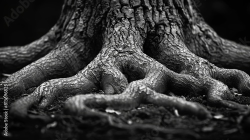 Dramatic Black and White Close-Up of Ancient Tree Roots in a Dark Setting © AS Photo Family