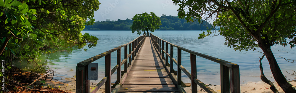Obraz premium Serene wooden pier extending into calm waters on a sunny day