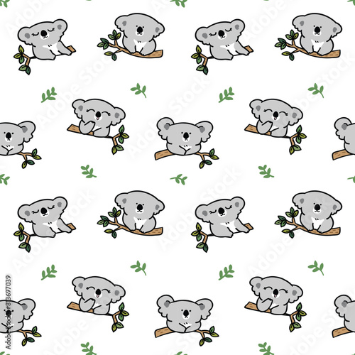 Seamless Pattern of Cute Cartoon Koala Bear Design on White Background