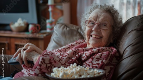 A Smiling Elderly Woman Relaxed at Home photo