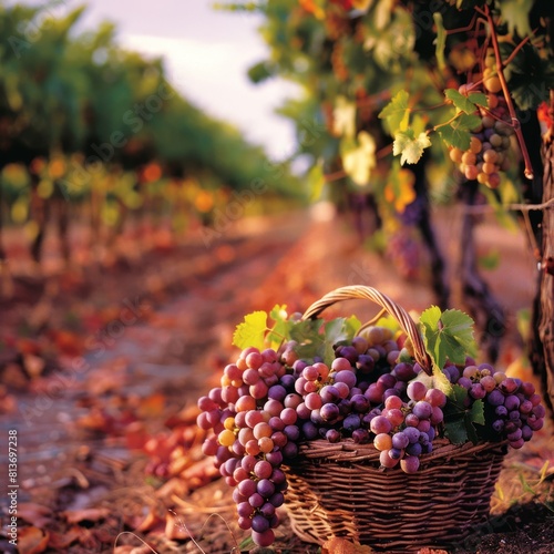 Serene vineyard at dusk lush grapevines, various hues, basket overflows with fresh harvest