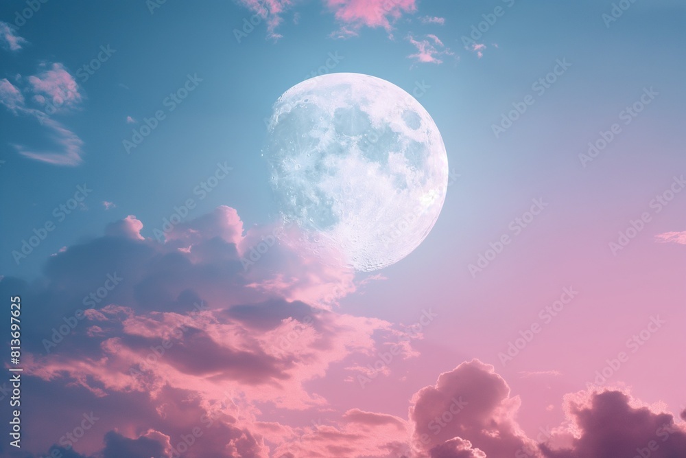 AI generated illustration of a moon shining in a pink-hued sky above clouds and blue atmosphere