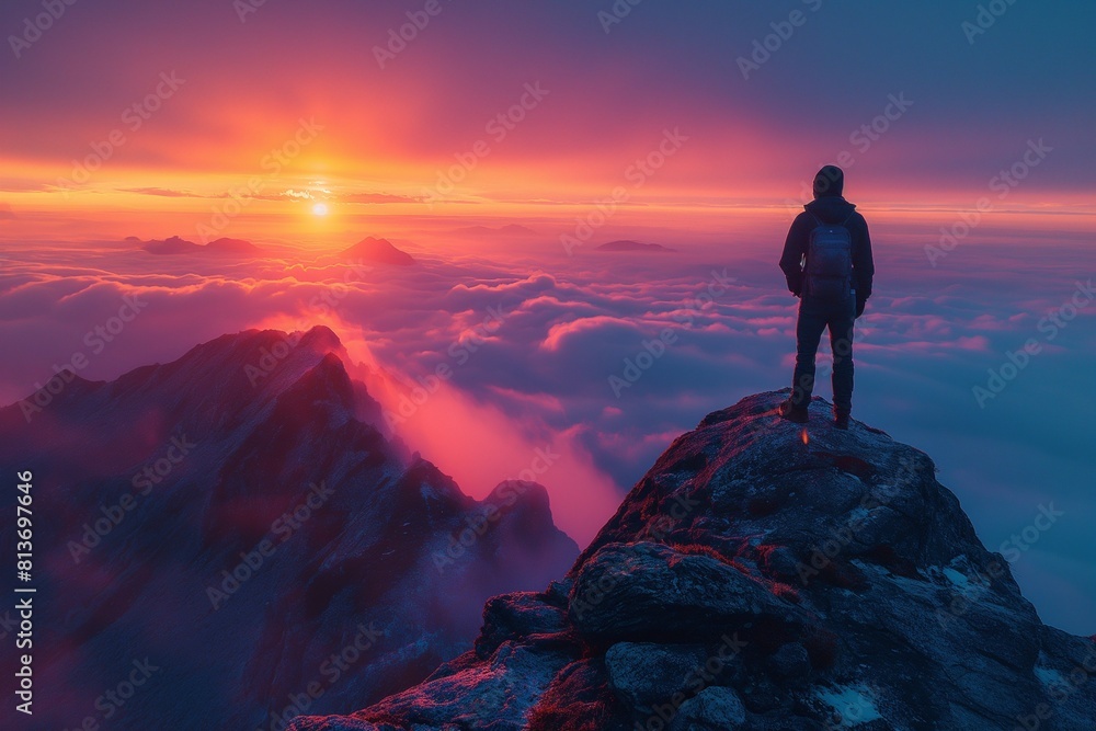 AI generated illustration of a person standing on foggy mountain peak at sunset