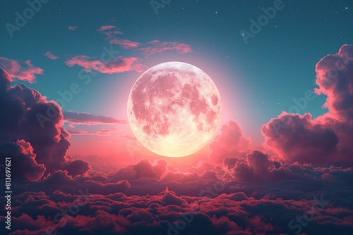 AI generated illustration of a pink moon and clouds with bright stars in pink skies