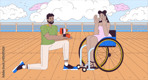 Getting engaged cartoon flat illustration. Black man proposing to wheelchaired latina woman 2D line characters colorful background. Happy life with disability scene vector storytelling image