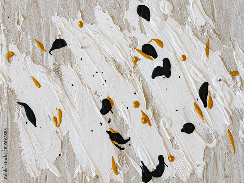 Painted background image with brush strokes and structure paste on a canvas. Random texture with black and golden spots. Abstract design for a creative diy backdrop.
