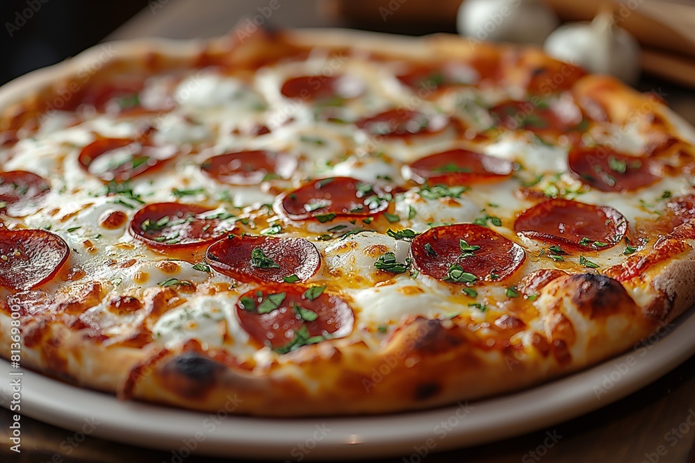AI generated illustration of pepperoni pizza on table with wine glass AI generated illustration of pepperoni pizza on table with wine glass