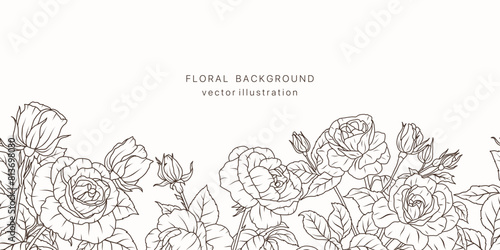 Luxury rose flower line art seamless border background. Floral plant leaf frame design card. Summer vintage bouquet luxury pattern. Vector illustration nature spring wedging card