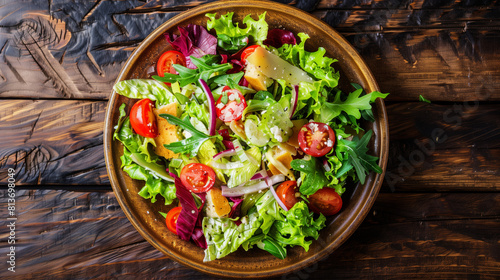 A vibrant bowl of mixed green Caesar salad with tomatoes, onions, and arugula served on a rustic wooden table, perfect for healthy eating concepts