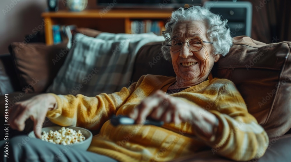 Cheerful Senior Woman with Remote