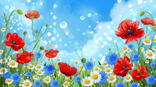 It includes flowers like chamomile, cornflowers and red poppy. The card can be used as a greeting card, invitation, wedding, birthday, or Easter card. © Mark