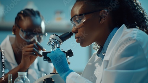 In a modern laboratory, a medical researcher drops a sample onto a slide. Her colleague examines it under a microscope.