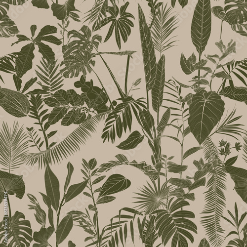 Elegant seamless pattern with green hand drawn line tropical leaves and flowers. Floral pattern. Vintage green background.