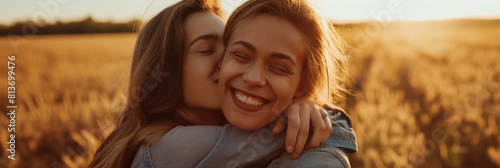 Two women embrace in a field, smiling and happy at sunset. Womens Equality Day photo