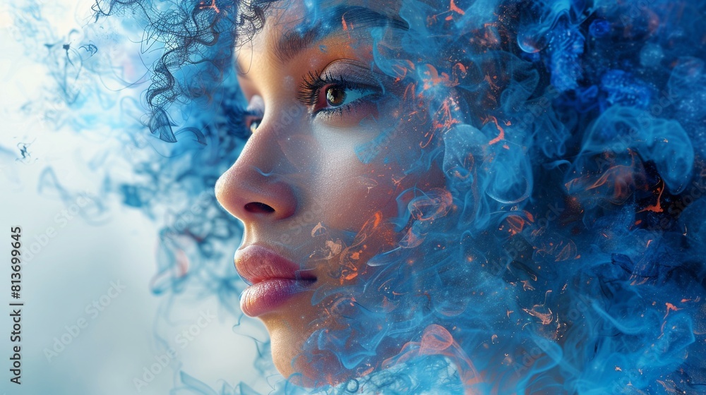 Woman expressing doubt abstract facial features bright solid color background large textfriendly area Woman expressing doubt abstract facial features bright solid color background large textfriendly area