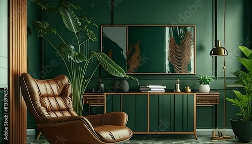 Modern and classic dark green living room, living room with luxury materials and retro futuristic air created with generative AI © dynasty