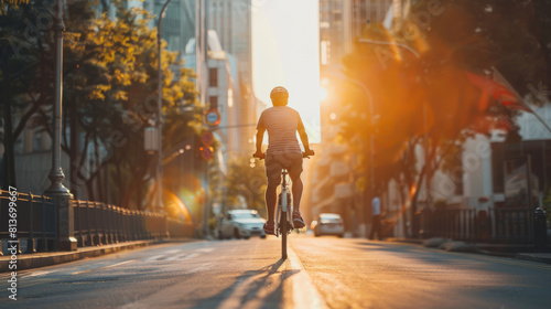 Man cycling to work in an urban setting  showcasing eco-friendly transportation  sunlight  backside view
