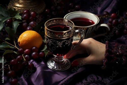 A sophisticated setting with a hand holding a decorative wine glass, surrounded by dark grapes and an orange photo