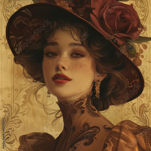 Vintage illustrated portrait of a beautiful woman and a large hat during belle epoque.