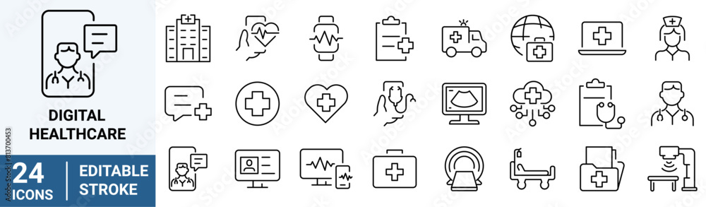 Digital healthcare and telemedicine web line icons. editable stroke. vector illustration. Digital healthcare and telemedicine web line icons. editable stroke. vector illustration.