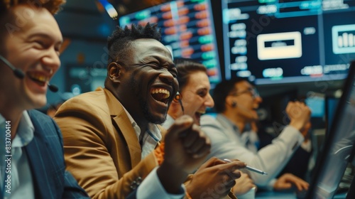 Stock exchange office's multi-ethnic team of traders celebrates successful day. Dealers and brokers buy and sell stocks on the market, celebrating profitable deals. photo