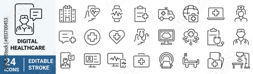 Digital healthcare and telemedicine web line icons. editable stroke. vector illustration. 