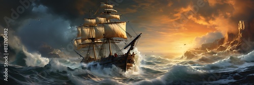A historic sailing ship navigating through treacherous waters photo