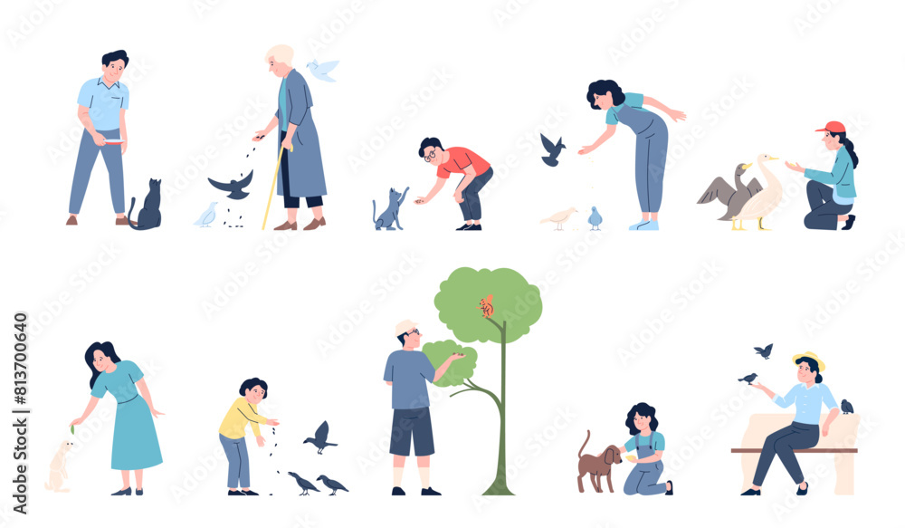 People feeding animals and birds. Old and young person feed homeless animal, wild squirrels and rabbit. Volunteering, rescue, recent vector set