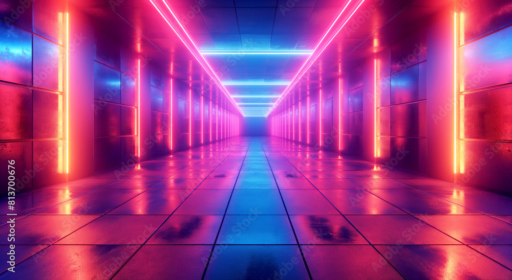 Neon light tunnel in a futuristic corridor with vibrant colors. This abstract perspective of a passage is illuminated with intense blue and pink lights Neon light tunnel in a futuristic corridor with vibrant colors. This abstract perspective of a passage is illuminated with intense blue and pink lights