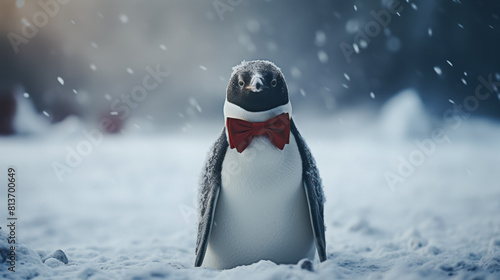 dapper penguin in a classic black tuxedo, complete with a silk bow tie and cufflinks