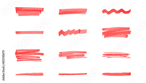 Red elements set, hand drawn marker  Underline, colorful text mark. Markers brushes underline collection. Vector illustration isolated on white background