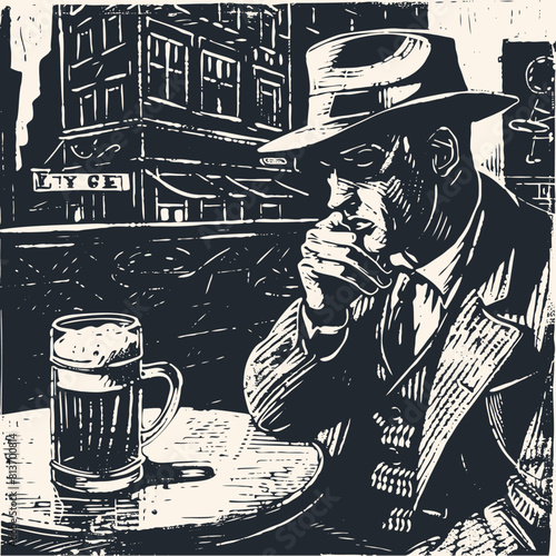 A man in a fedora hat sits in a pub with a mug of beer, vector illustration