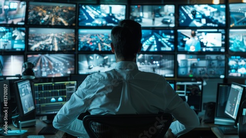An officer monitors various screens in the Security Control Room for suspicious activities. He is responsible for safeguarding an important logistics facility for international trade.