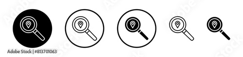 Search location icon set. Vector symbols of location pins and magnifying glasses for place finding.