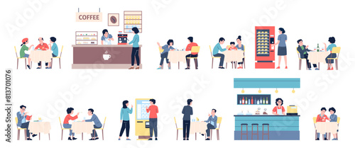 Food court elements. People have lunch or dinner, meeting in cafe. Stalls with meals and coffee, couple drinking and man reading. Recent vector set