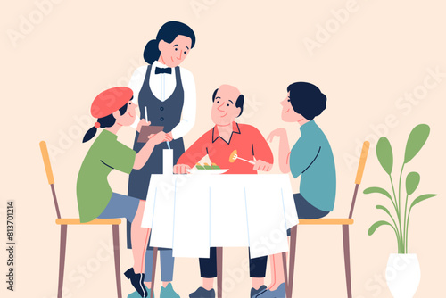 Family in restaurant. Waiter takes order in cafe, parents and kid have lunch or dinner. Happy time together, outdoor breakfast, recent vector scene