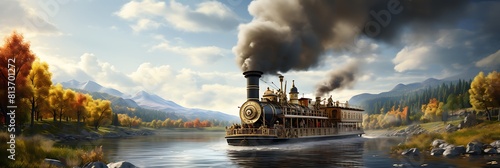 A historic steamboat chugging along a river photo