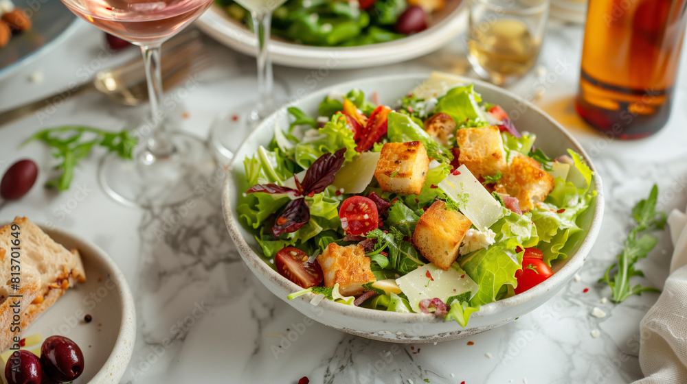 Gourmet mixed Caesar salad topped with golden croutons, cherry tomatoes, shaved cheese, and a light dressing. Perfect for a healthy, delicious meal. Gourmet mixed Caesar salad topped with golden croutons, cherry tomatoes, shaved cheese, and a light dressing. Perfect for a healthy, delicious meal.