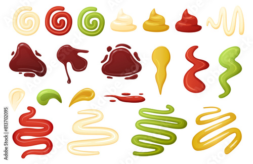 Sauces drops and stains. Soy sauce, mustard, tomato ketchup or chilli barbecue. Different dressing for food, mayonnaise or sour cream, nowaday vector set