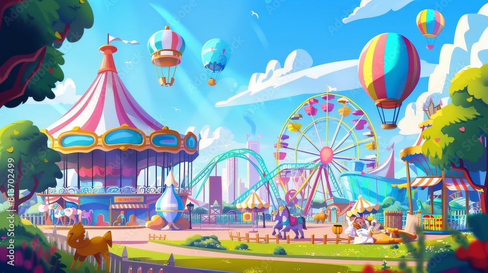 This is a modern cartoon illustration of a carnival funfair with balloons, rides, and a circus tent for summer, with a roller coaster, a carousel, a ferris wheel, and a circus tent for winter. This is a modern cartoon illustration of a carnival funfair with balloons, rides, and a circus tent for summer, with a roller coaster, a carousel, a ferris wheel, and a circus tent for winter.
