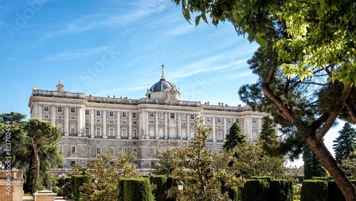 View of the emblematic royal palace of Madrid and the Sabatini gardens that are in front of one of its facades photo