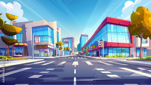 A cityscape with crossroads  sidewalks  building facades  a pet shop  and a shopping mall in the background  a cartoon modern illustration.